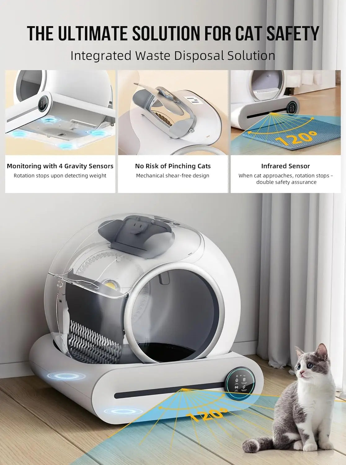 FanzyMarket 65L automatic self-cleaning enclosed cat litter box with app control and ionic deodorizer for pet hygiene.