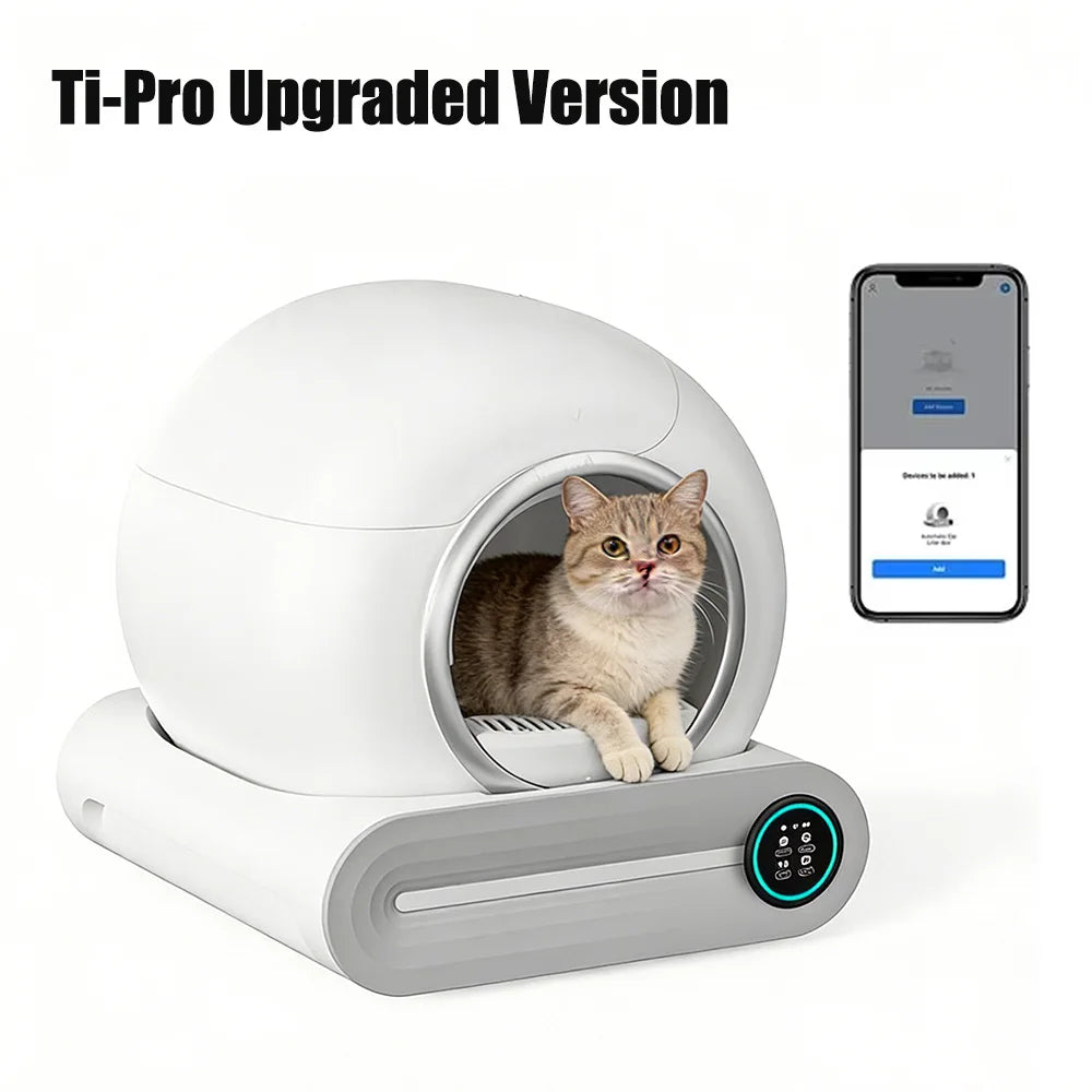 FanzyMarket 65L automatic self-cleaning enclosed cat litter box with app control and ionic deodorizer for pet hygiene.