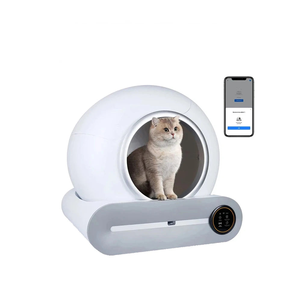 FanzyMarket 65L automatic self-cleaning enclosed cat litter box with app control and ionic deodorizer for pet hygiene.