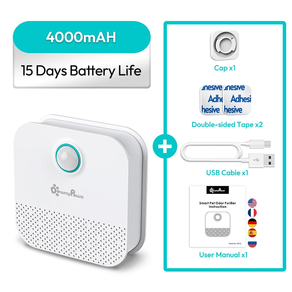 FanzyMarket 4000mAh Smart Cat Litter Odor Eliminator USB rechargeable pet air purifier and deodorizer for litter boxes and small spaces.