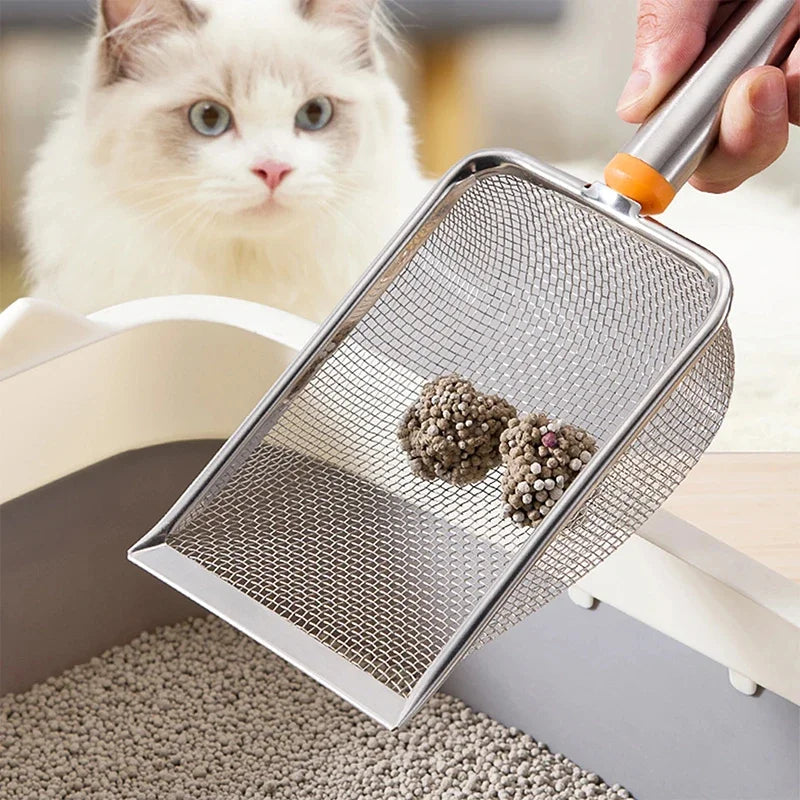 FanzyMarket stainless steel fine mesh cat litter scoop with comfortable grip, non-stick surface, and easy-clean design for grooming and hygiene.