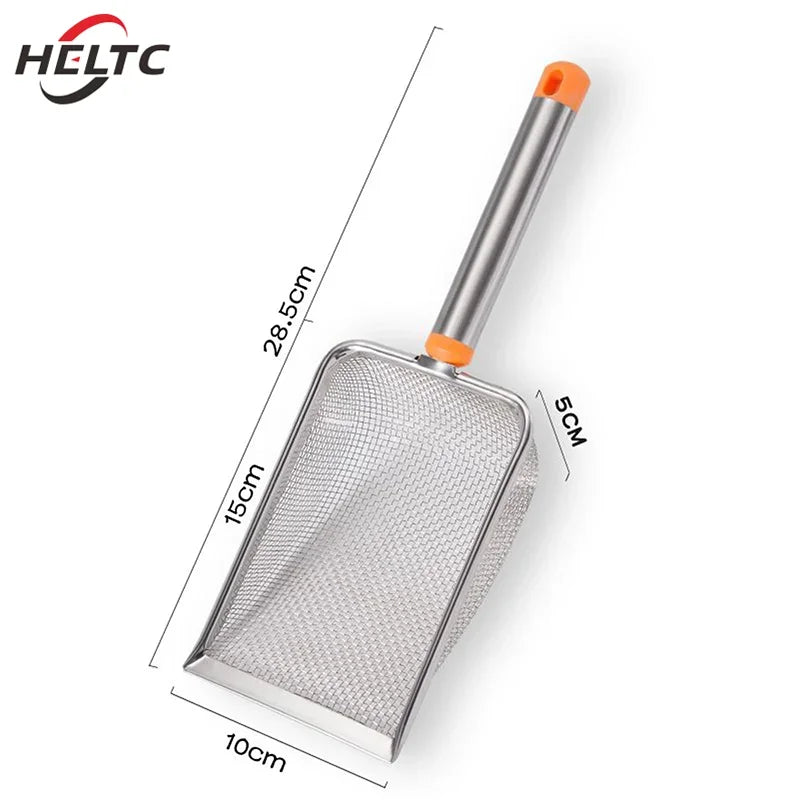 FanzyMarket stainless steel fine mesh cat litter scoop with non-stick surface and comfortable grip for easy cleaning and scooping.