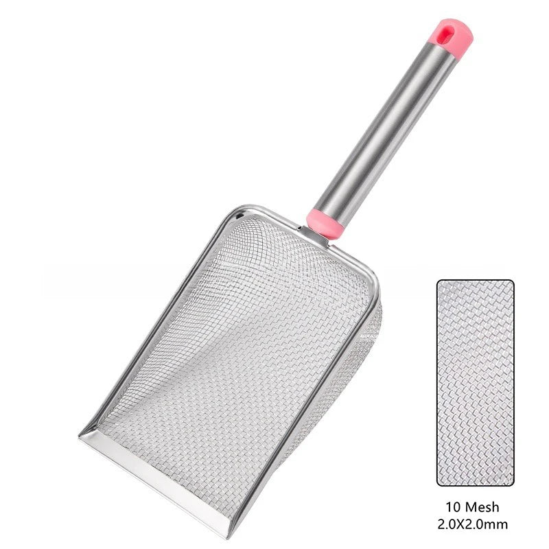 Pink stainless steel cat litter scoop with fine mesh, easy-clean non-stick surface, comfortable grip for pet grooming and hygiene.