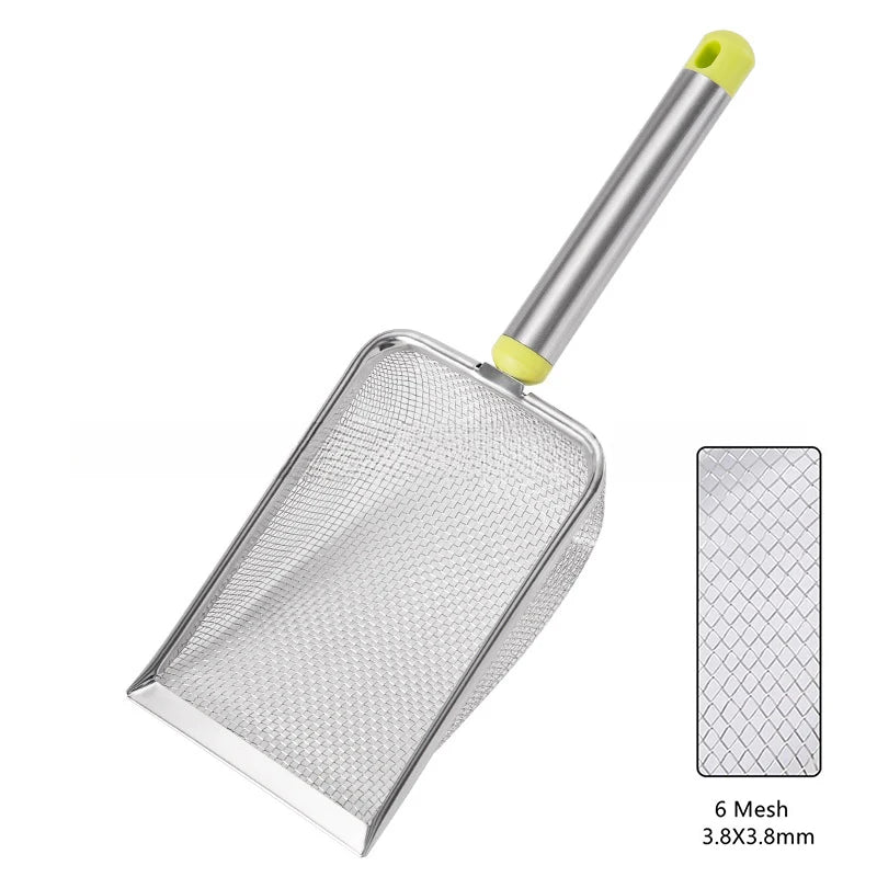 Pink stainless steel cat litter scoop with fine mesh, non-stick surface, easy-clean design, and comfortable grip for pet grooming.