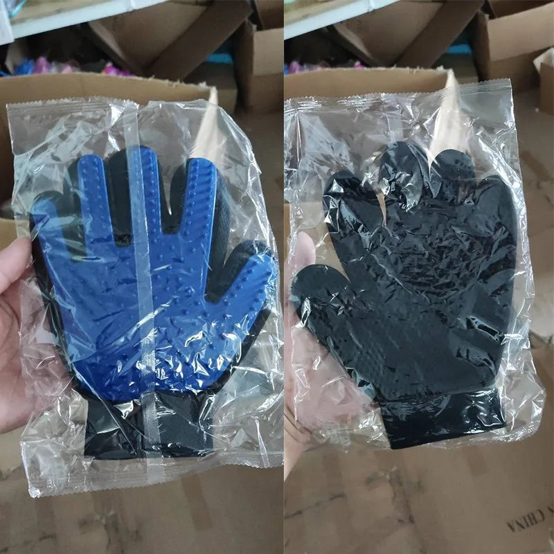 FanzyMarket multicolor silicone pet grooming gloves for cats and dogs, reusable hair removal mitt, shown on right side.