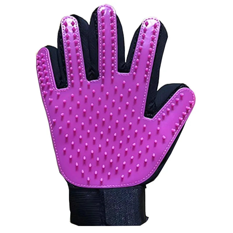 FanzyMarket multicolor silicone pet grooming gloves for cats and dogs, reusable hair removal mitt, shown in purple with textured surface.