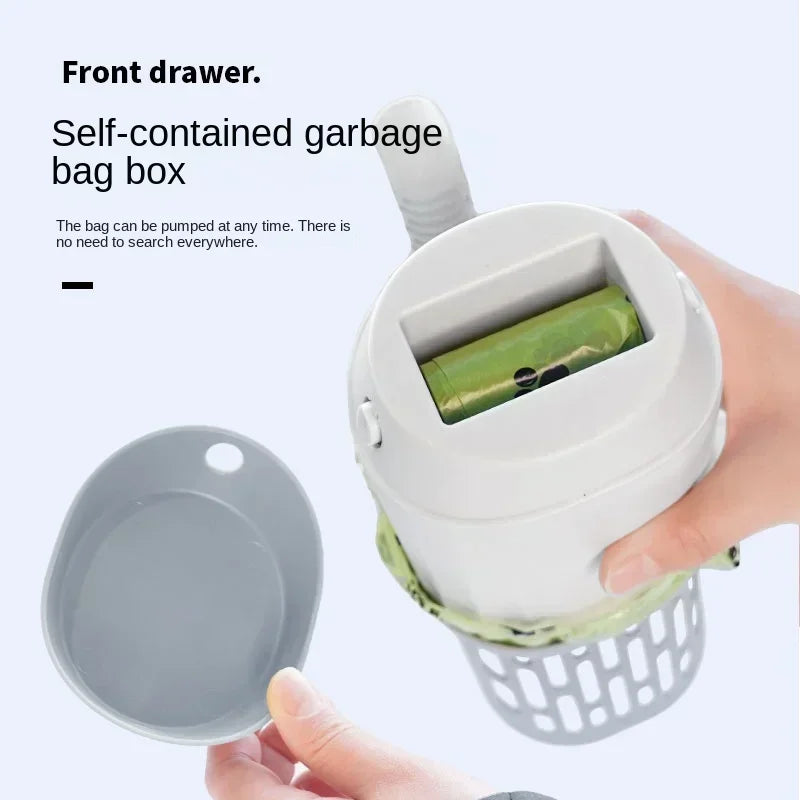 FanzyMarket cat litter scoop with refill bags, self-cleaning litter shovel, waste bin, pet grooming and hygiene supplies.