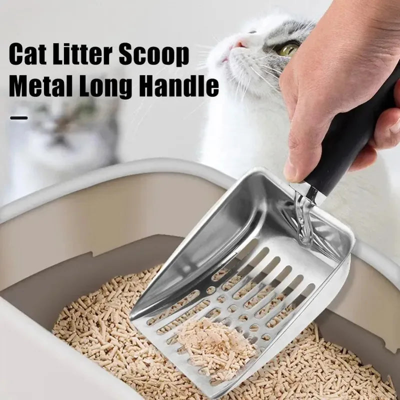 FanzyMarket stainless steel cat litter scoop with long handle, durable metal shovel for easy cleaning, 10.23 x 4.21 inches.