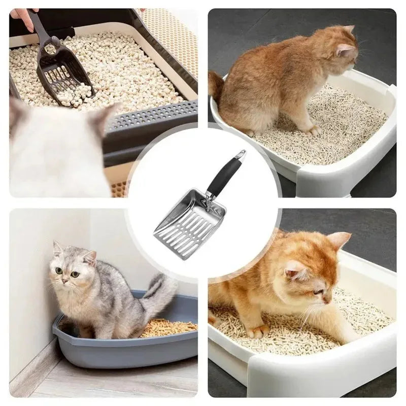 FanzyMarket stainless steel cat litter scoop with long handle, durable metal shovel for cleaning litter boxes.