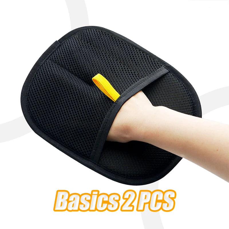 Electrostatic pet grooming glove for dogs and cats, reusable washable shedding and massage glove in two sizes, bidirectional design.