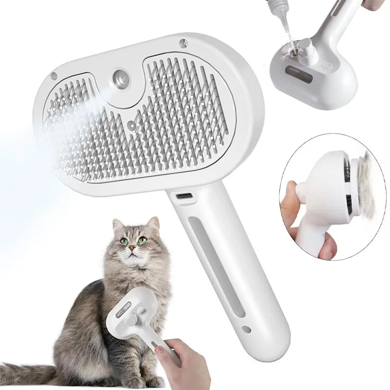 FanzyMarket 3-in-1 pet grooming brush with steam spray, electric dog and cat hair remover, massage detangler, USB rechargeable.