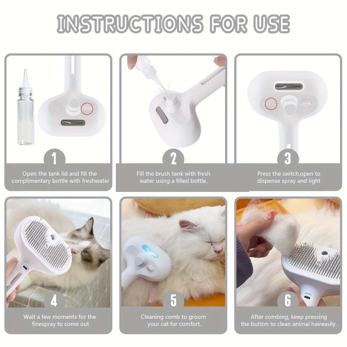 FanzyMarket 3-in-1 pet grooming brush with steam spray, electric dog and cat hair remover, massage detangler, USB rechargeable.