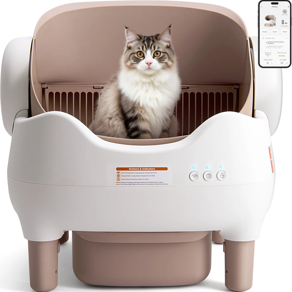 FanzyMarket self-cleaning cat litter box with app control, open-top design, 10L waste bin, whisper-quiet, ideal for multi-cat homes.
