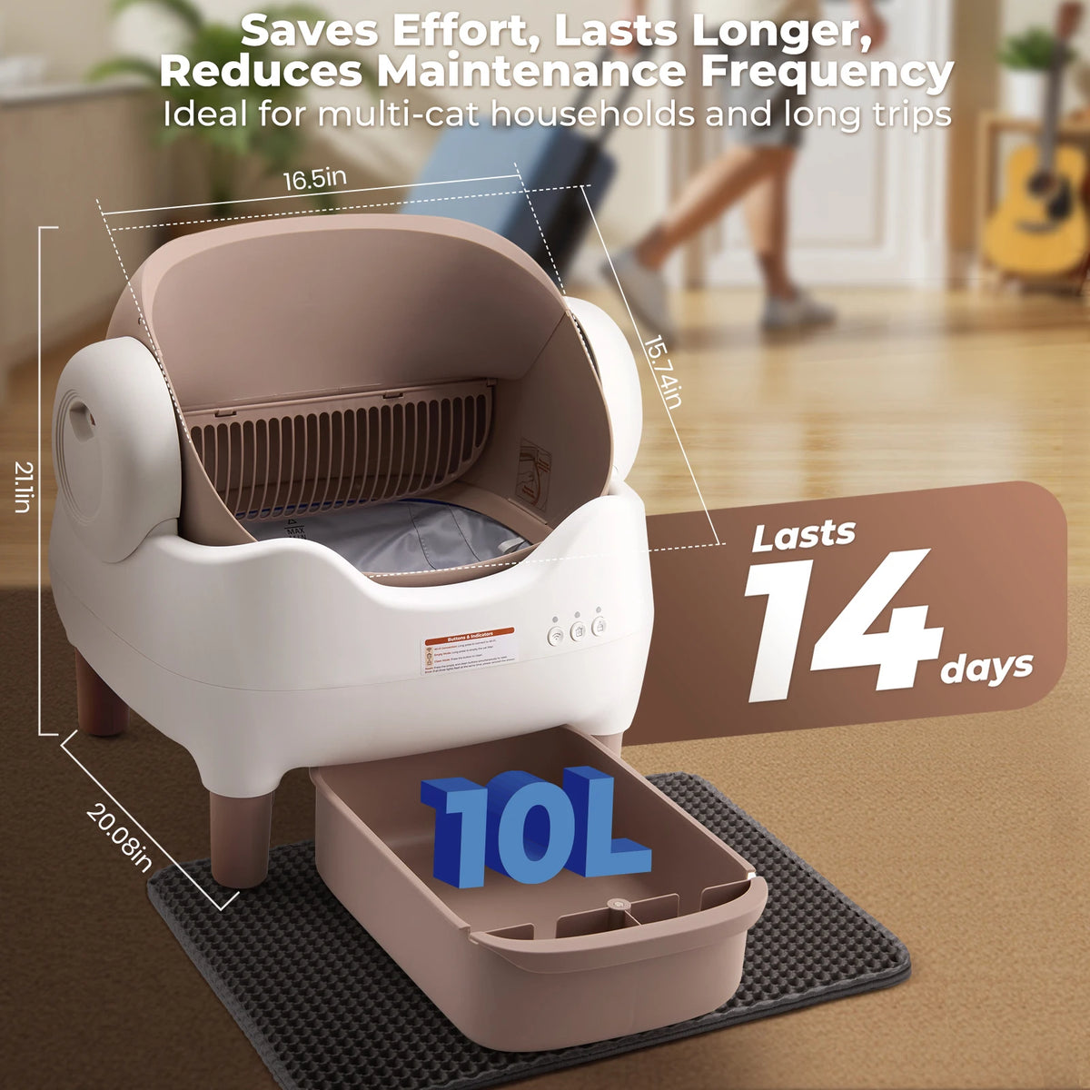 FanzyMarket self-cleaning cat litter box with app control, open-top design, 10L waste bin, whisper-quiet for multi-cat homes.
