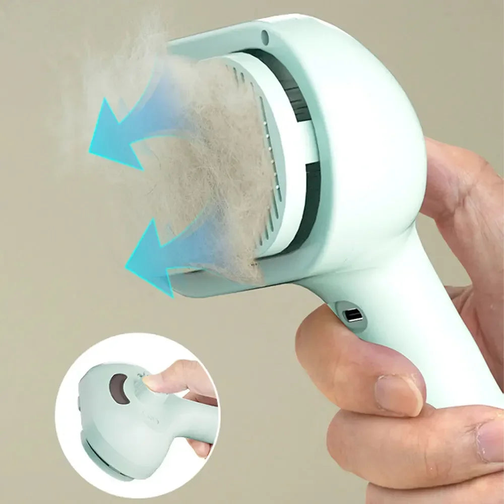FanzyMarket rechargeable steam-spray pet grooming comb with white handle, foldable dematting brush and hair remover for cats and dogs.