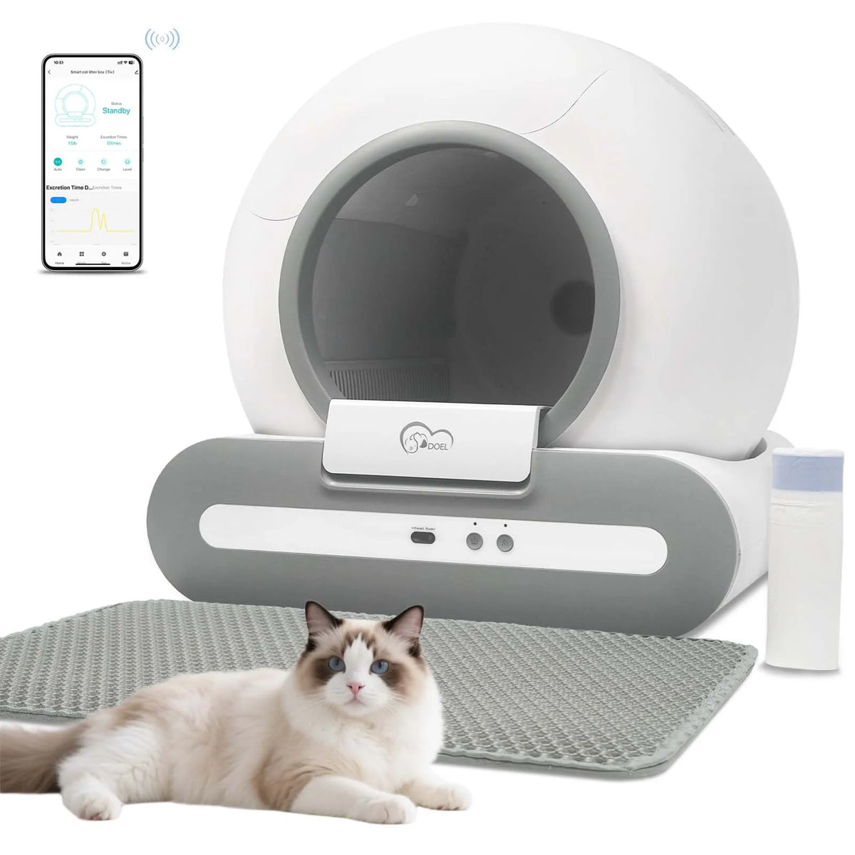 FanzyMarket 56L smart self-cleaning cat litter box with app control, low entry, includes litter mat and waste bags, fits various litters.