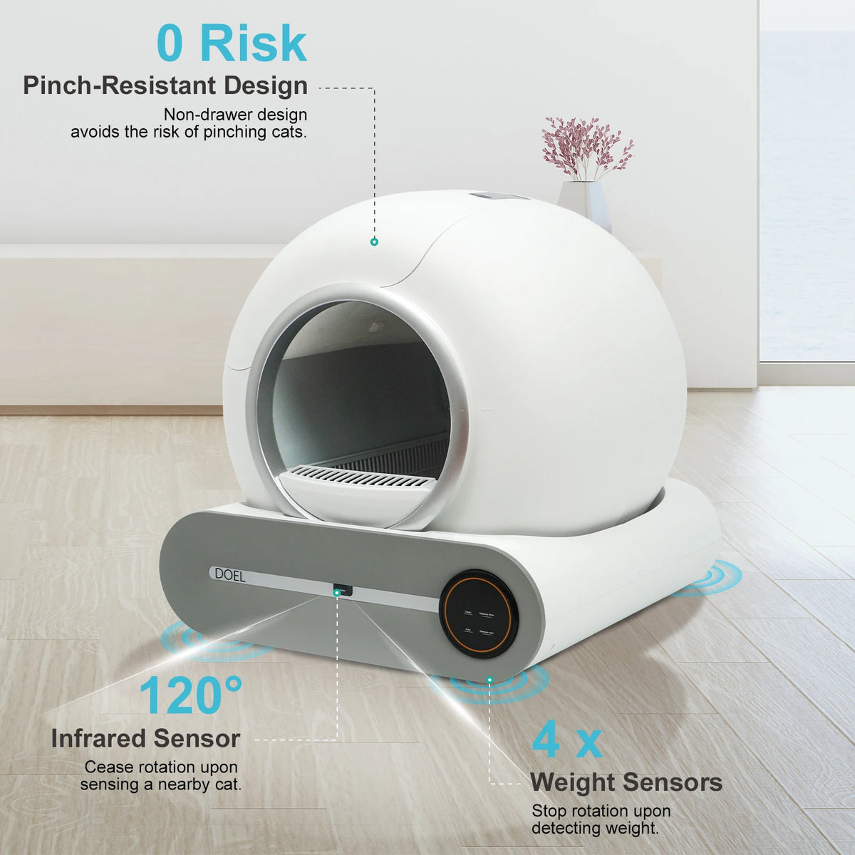FanzyMarket self-cleaning cat litter box with app control, 65L capacity, white automatic smart litter box with trash bag and litter mat