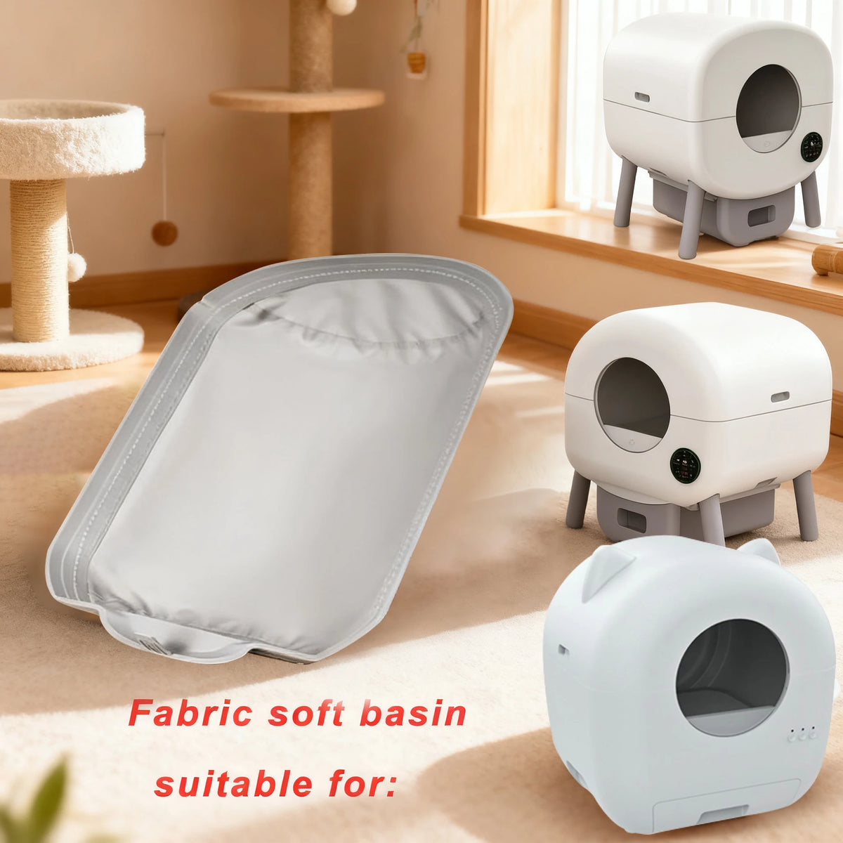 Soft fabric liner and removable mat for FanzyMarket automatic cat litter box, pet grooming and hygiene accessory.
