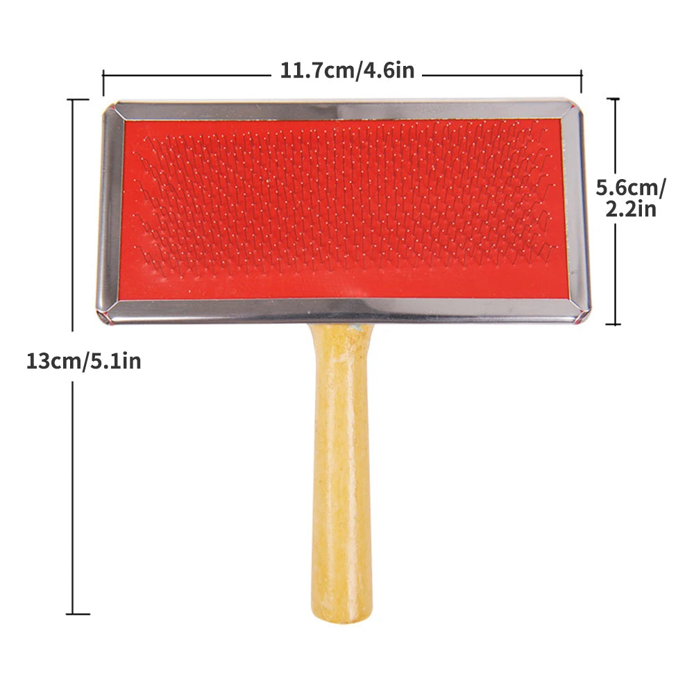 FanzyMarket pet grooming needle comb with wooden handle, stainless steel massage brush for dogs and cats, removes loose hair and detangles.