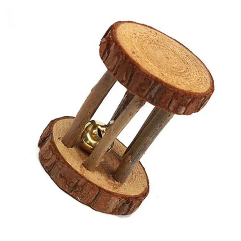 Wooden Pine Chew Roller Toy for small pets like rabbits, guinea pigs, and rats, featuring a dumbbell-shaped design and bell.