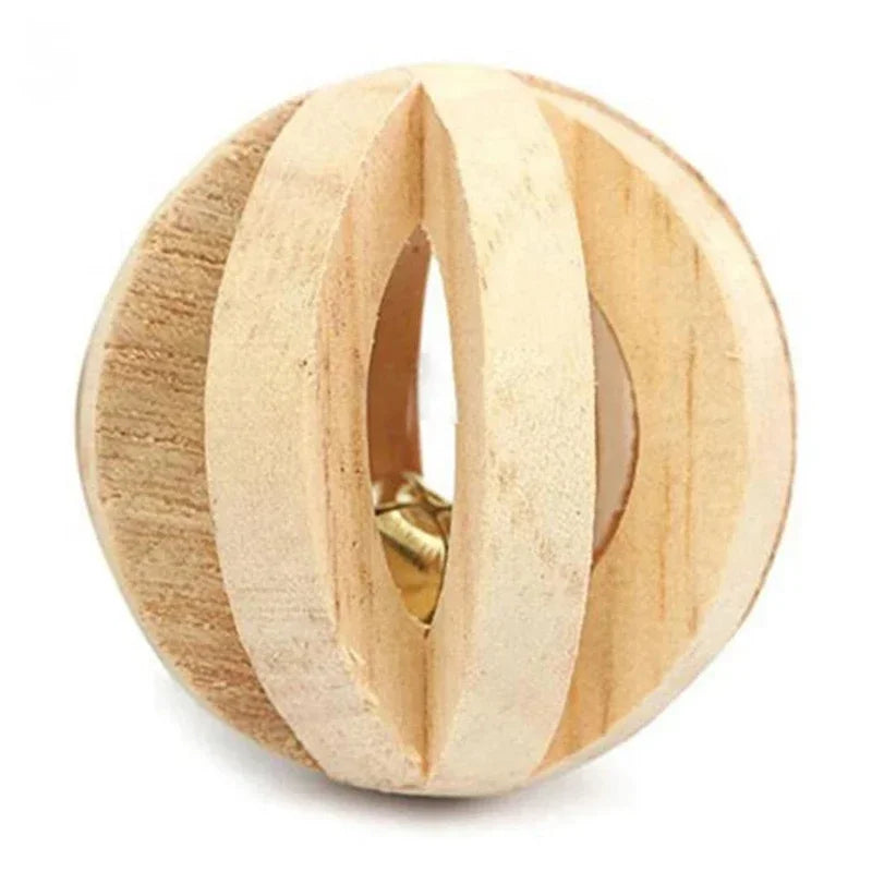 Wooden Pine Chew Roller Toy for small pets like rabbits, guinea pigs, and rats; featuring a dumbbell and unicycle bell.