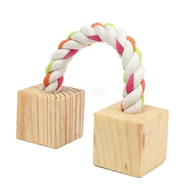 Wooden Pine Chew Roller Toy for small pets like rabbits, guinea pigs, and rats, featuring a dumbbell and unicycle bell design.