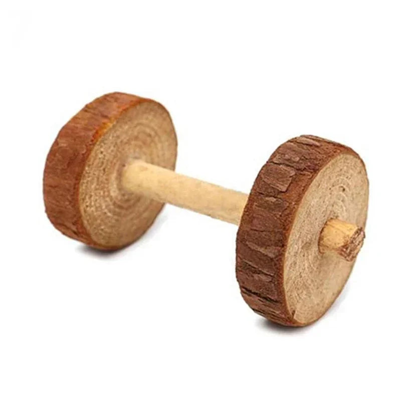 Wooden pine chew roller toy with dumbbell and unicycle bell for rabbits, guinea pigs, and rats in pet supplies category.