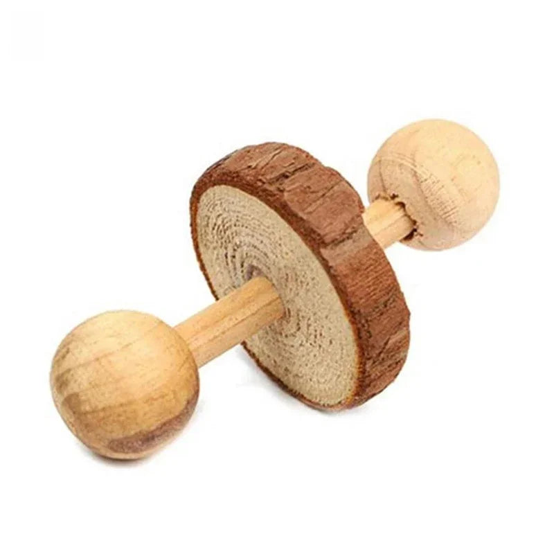 Wooden Pine Chew Roller Toy for small pets like rabbits, guinea pigs, and rats, featuring a dumbbell and unicycle bell.