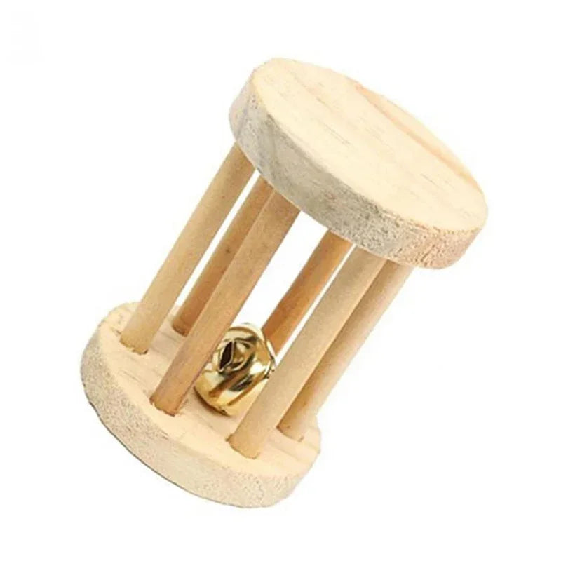 Wooden pine chew roller toy for small pets like rabbits, guinea pigs, and rats, featuring a dumbbell and unicycle bell.
