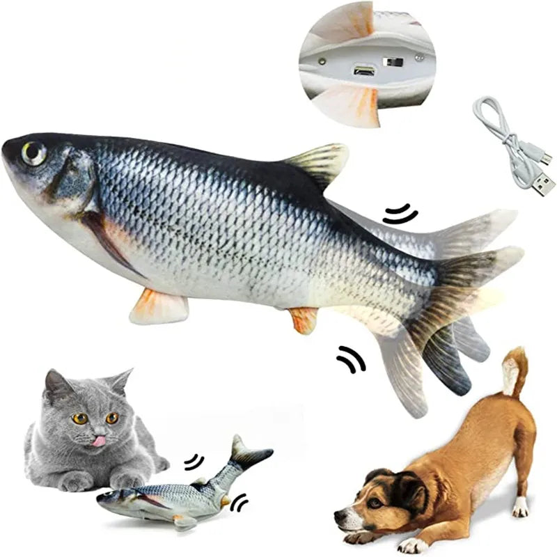 USB rechargeable Floppy Fish cat toy by FanzyMarket, plush electronic pet toy designed for cats and dogs, interactive and fun.
