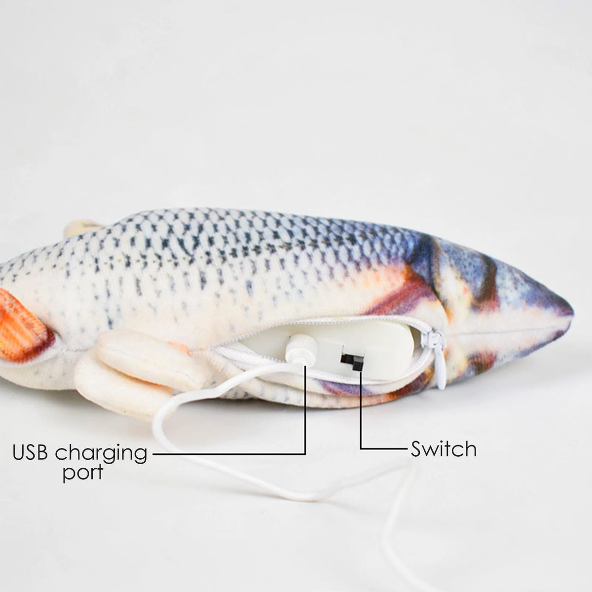 USB rechargeable floppy fish cat toy by FanzyMarket, plush electronic pet toy for cats and dogs, interactive and fun.