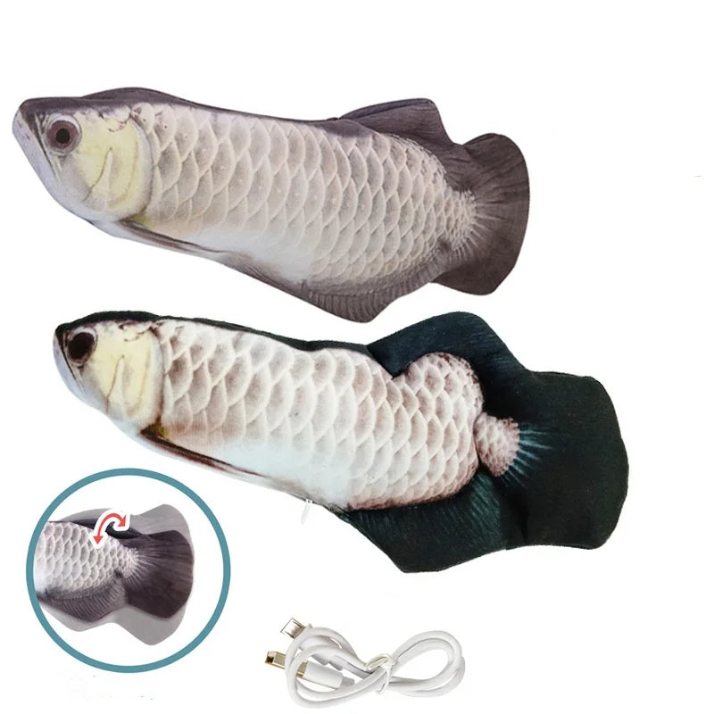 USB rechargeable floppy fish cat toy by FanzyMarket, interactive plush electronic pet toy for cats and dogs, with colorful fish design