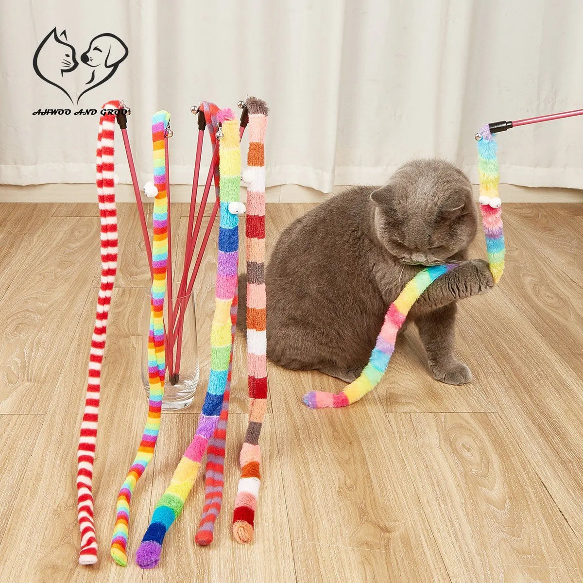 FanzyMarket interactive cat teaser wand with bell, featuring a plush gradient caterpillar tassel toy for playful cats.
