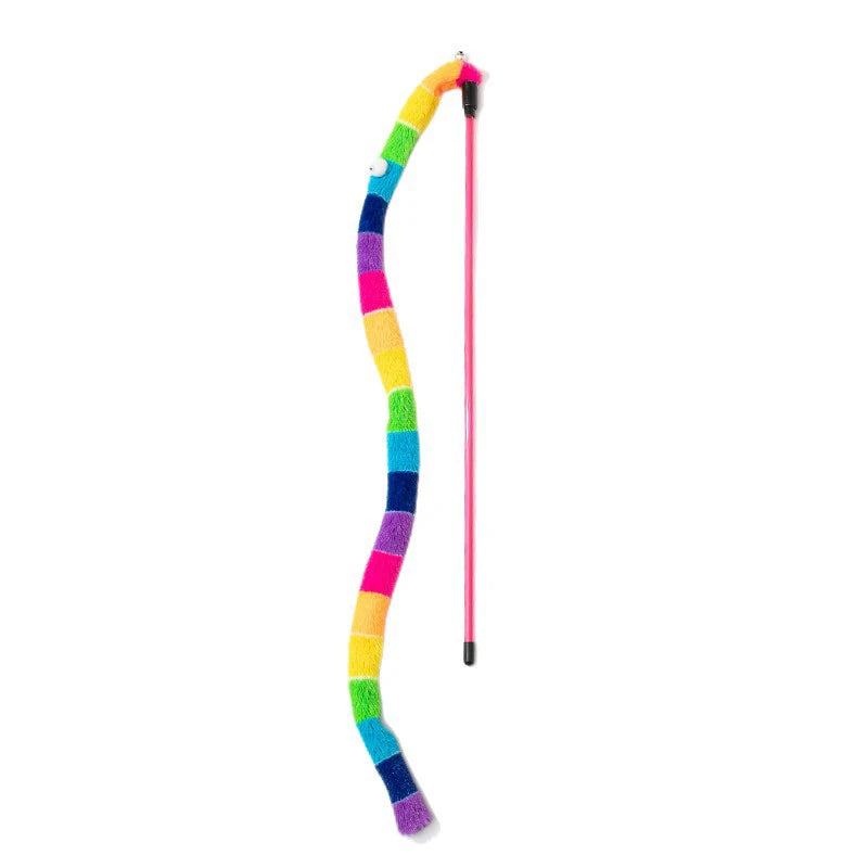 Interactive cat teaser wand with a bell, featuring a plush gradient caterpillar tassel toy for cats by FanzyMarket.