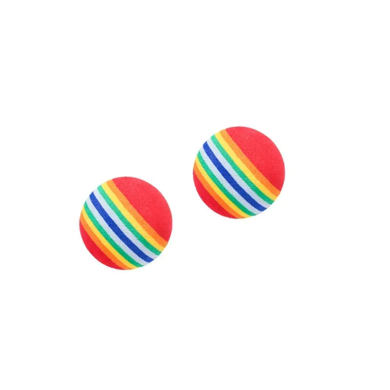 Colorful rainbow cat toy balls for cats and small dogs, rubber rattle chew and training balls in 5 or 10-pack by FanzyMarket.