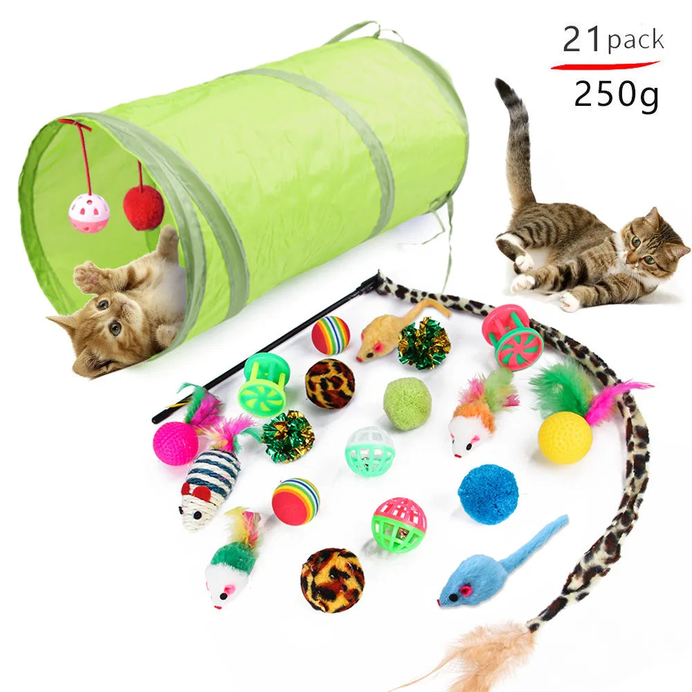 FanzyMarket 20-piece cat toy variety pack with sisal mice, feather wands, bell balls, and plush toys for interactive kittens.