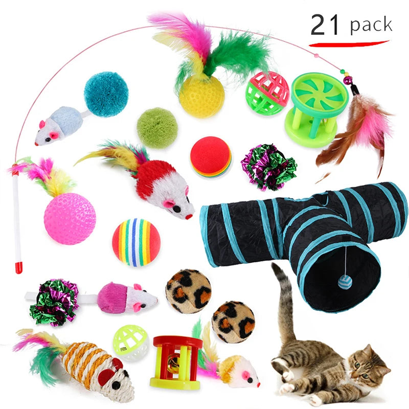FanzyMarket 20-piece cat toy variety pack with sisal mice, feather wands, bell balls, and plush toys for kittens and cats.