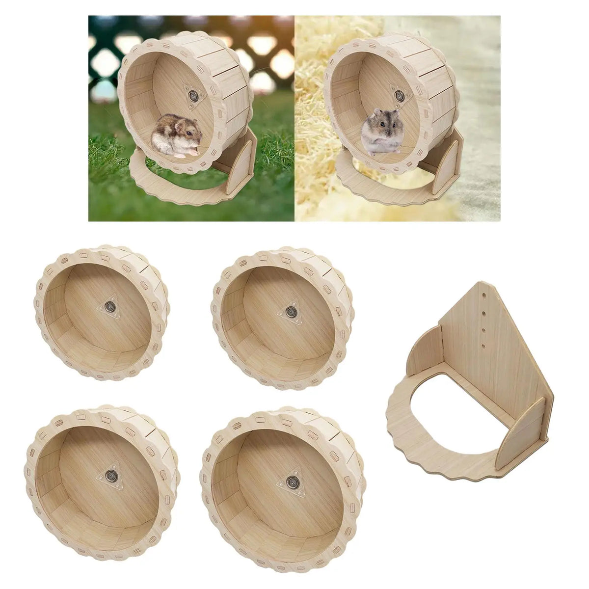 Wooden silent hamster exercise wheel for small pets like hamsters and gerbils, measuring 15-23 cm, natural wood finish.