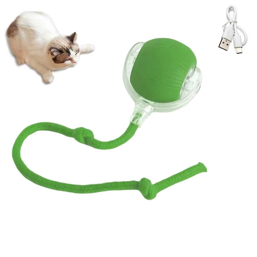 Grey rechargeable interactive rolling cat toy with faux tail and motion-activated ball, suitable for cats and small dogs.