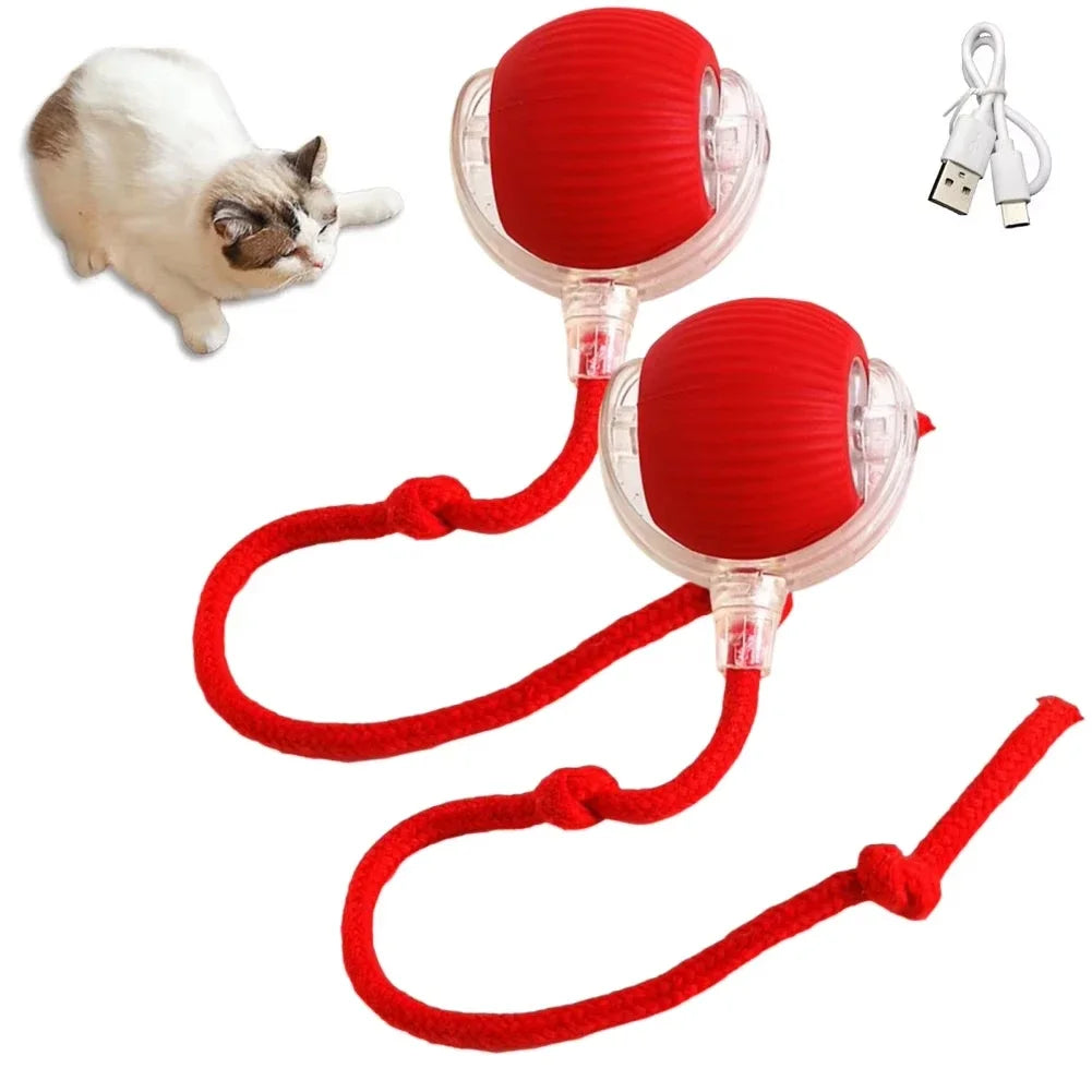 Gray rechargeable interactive cat toy with faux tail and motion-activated ball, designed for cats and small dogs.