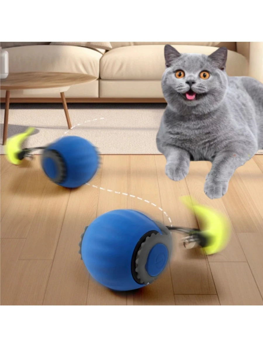 Rechargeable interactive rolling cat toy with faux tail and motion-activated ball for cats and small dogs, by FanzyMarket.