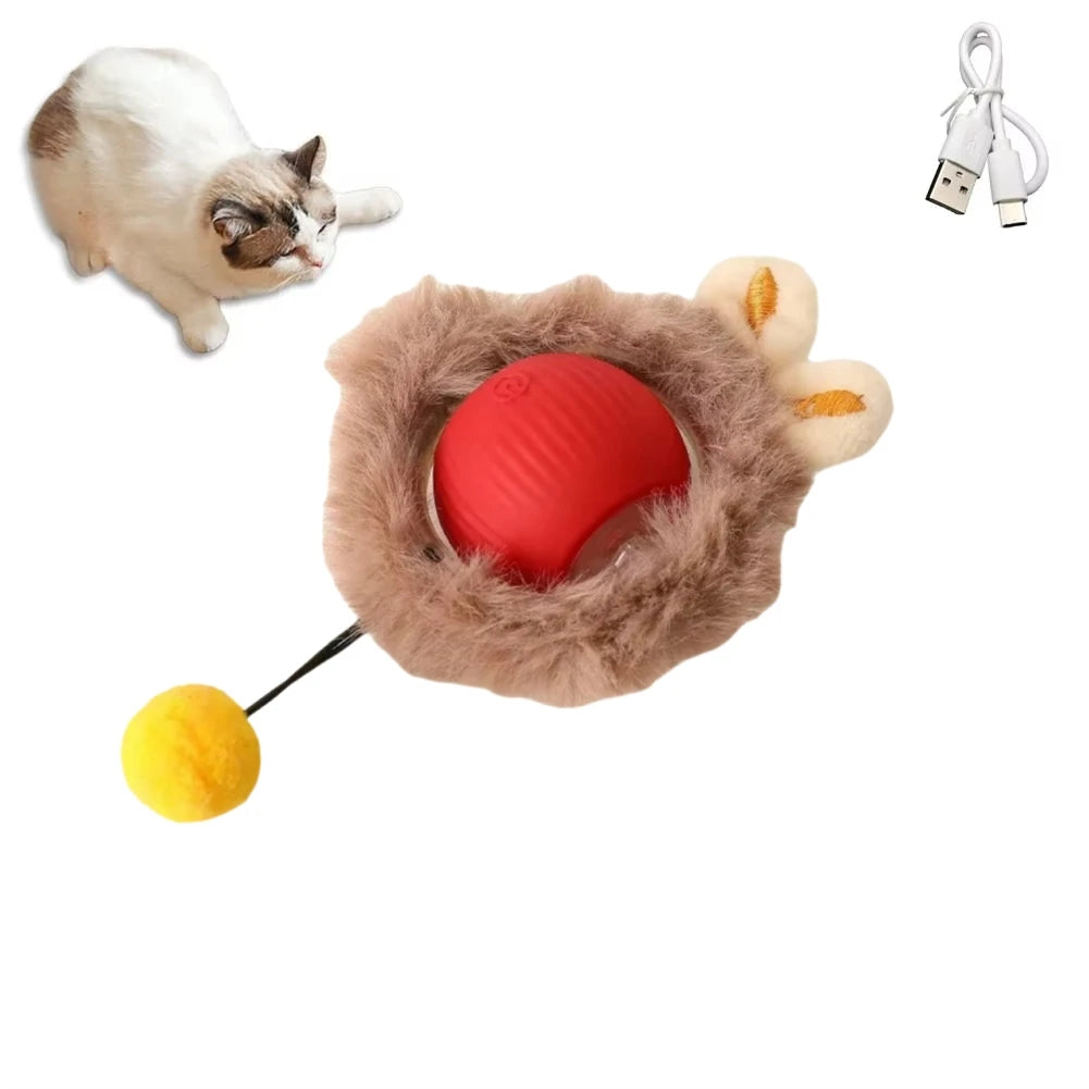 Grey rechargeable interactive rolling cat toy with faux tail and motion-activated ball for cats and small dogs by FanzyMarket.