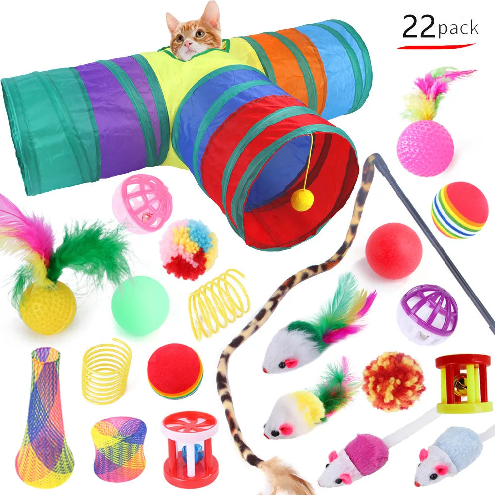 FanzyMarket 11-piece cat toy set with feather wands, sisal mice, bell balls, and plush toys for interactive feline play.