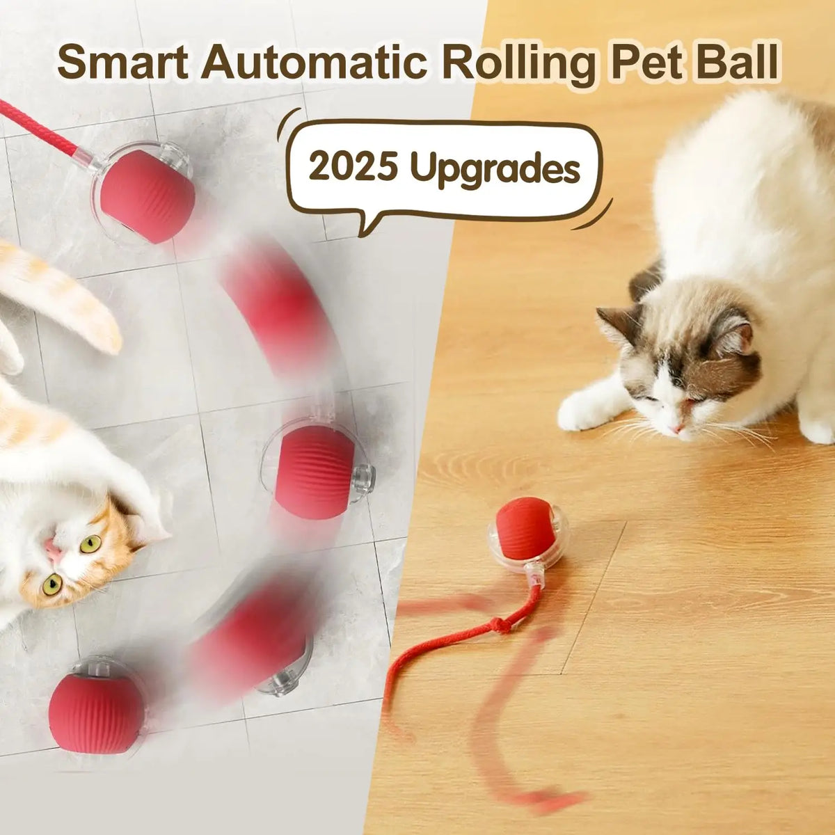 Two green rechargeable cat ball toys with faux fur tails, automatic rolling, and USB-C charging for cats and small dogs.