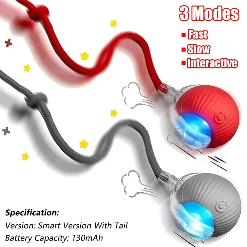 Two green interactive rechargeable cat balls with faux fur tails, automatic rolling, and USB-C charging for cats and small dogs.