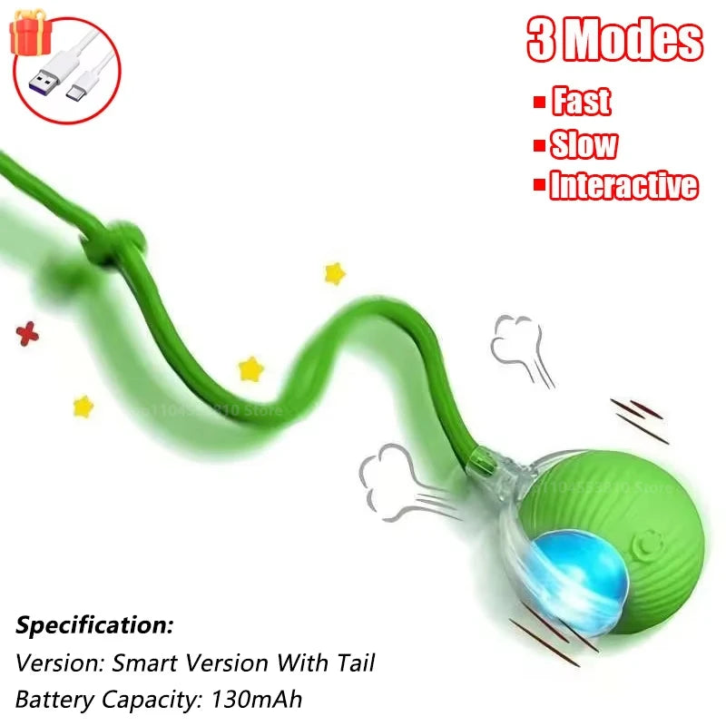 Two green rechargeable cat ball toys with faux fur tails, automatic rolling, and USB-C charging for cats and small dogs.
