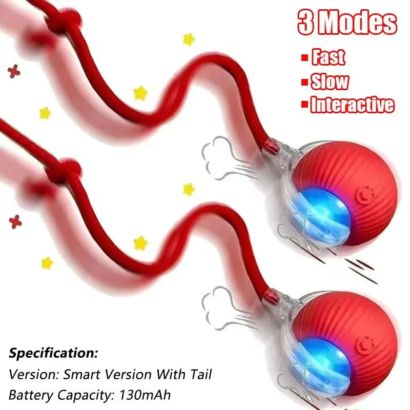 Interactive rechargeable cat ball toy with faux fur tail, automatic rolling, USB-C powered, for cats and small dogs.