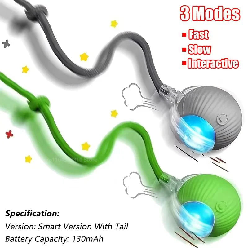 Two green rechargeable cat ball toys with faux fur tails, automatic rolling, USB-C charging, for cats and small dogs.