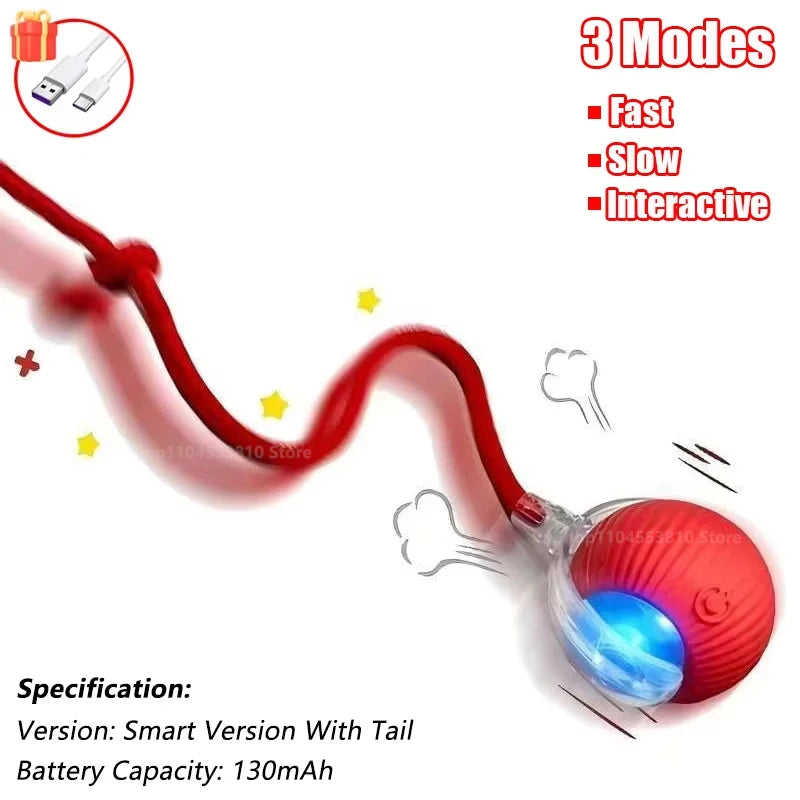 Two green rechargeable cat ball toys with faux fur tails, automatic rolling, USB-C charging, designed for cats and small dogs.
