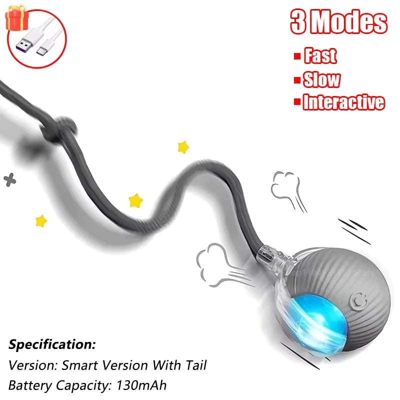 Interactive rechargeable cat ball toy with faux fur tail, automatic rolling, USB-C, for cats and small dogs, by FanzyMarket.